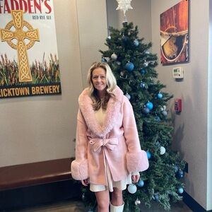 Pink Faux Fur Trimmed Women's Coat